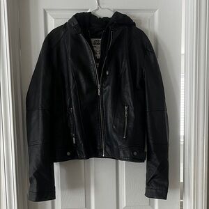 Black Faux Leather Jacket with Removable Hood